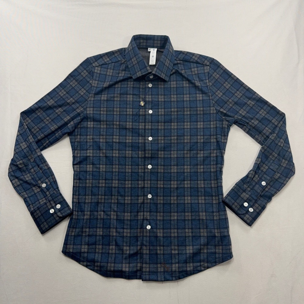 State and Liberty Button Down Athletic Fit Plaid Stretch Shirt Blue Mens Size M